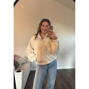 Ivory/Pink FLEECE BUTTON FRONT SIDE POCKET LONG SLEEVE TOP